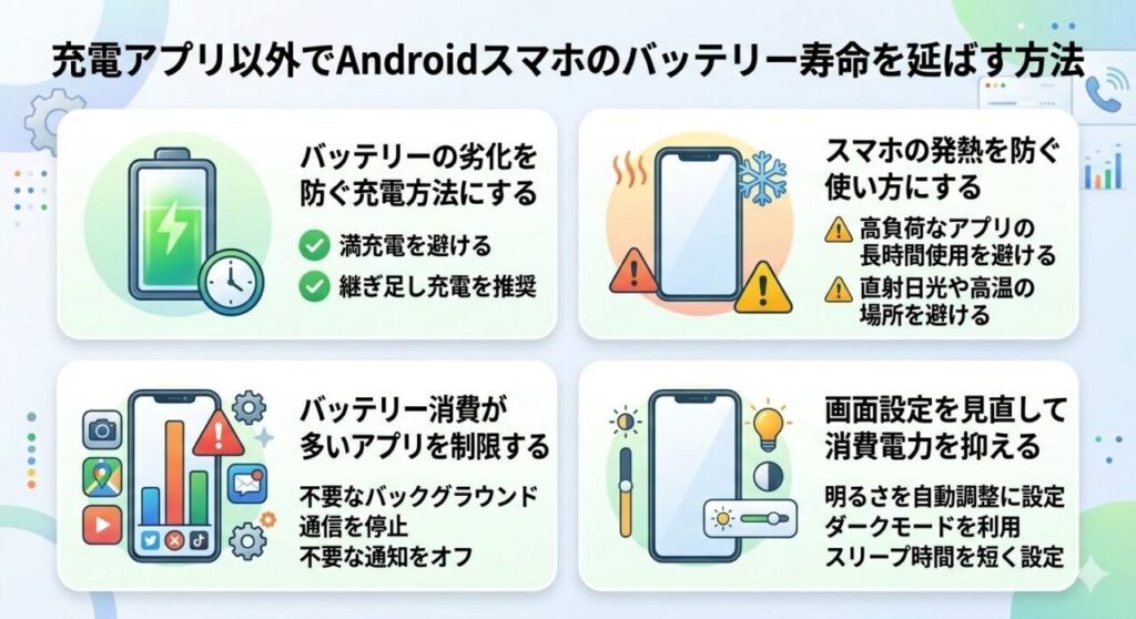 充電アプリ以外でAndroidスマホのバッテリー寿命を延ばす方法