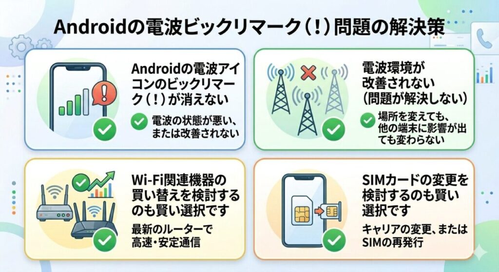 Androidの電波アイコンのビックリマーク(!)が消えない場合はWi-Fi関連機器を買い替えたりSIMカードを変えるのも選択肢の1つ