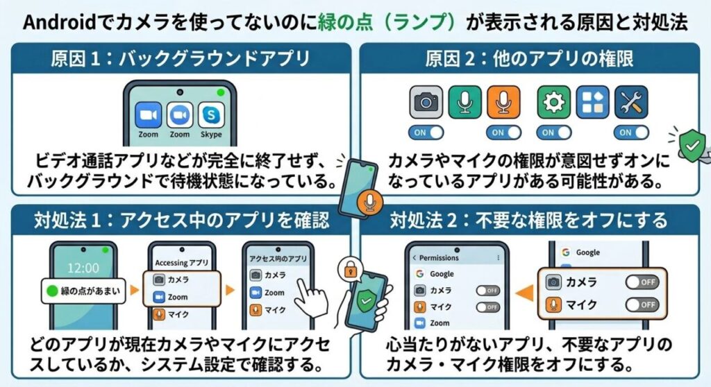 Android(アンドロイド)でカメラを使ってないのに緑の点(ランプ)が表示される原因と対処法
